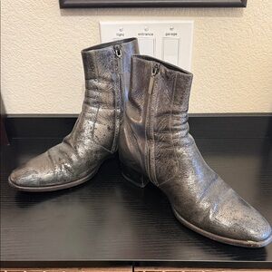 Saint Laurent Men's Distressed Gunmetal Metallic Leather Boots
